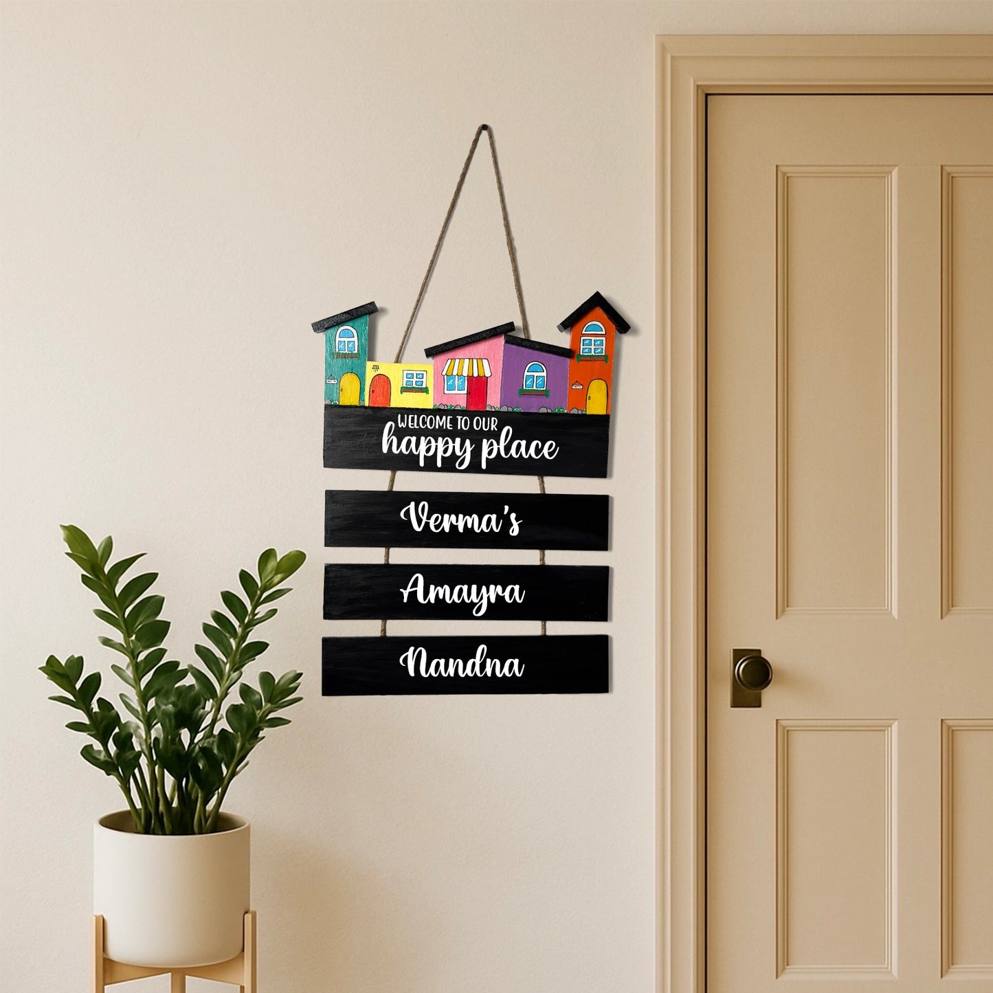 Hut-Shaped Hand-Painted Wooden Name Plate For Home - Hut Board & Three Planks Design 1
