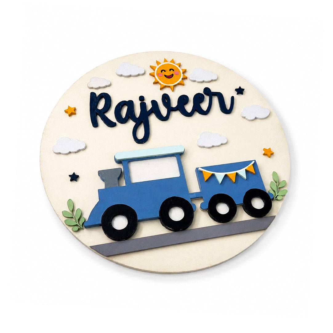 Train Themed Hand-Painted Wooden Round Kids Name Plate - Design 1