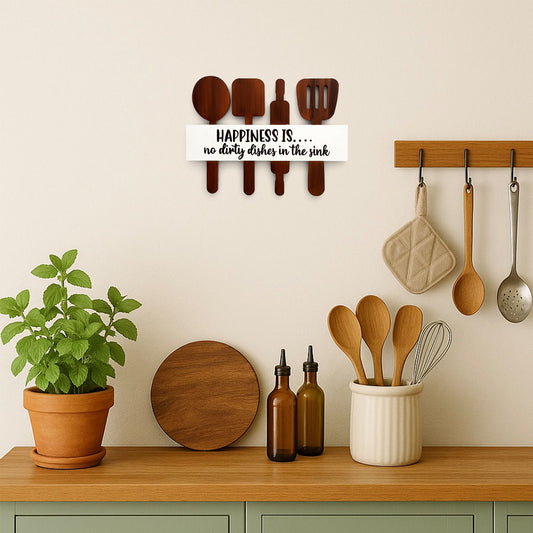 Happiness Is No Dirty Dishes In The Sink Hand-Painted Wooden Utensil Board Kitchen Wall Hanging - Brown