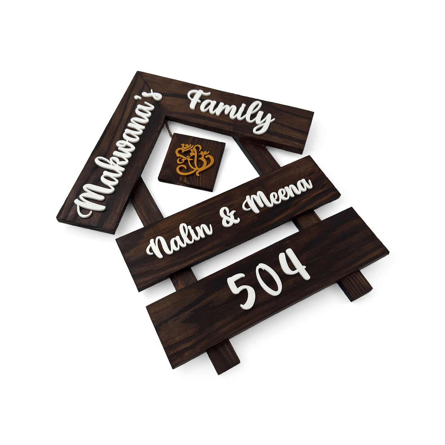 House With Roof And Double Plank Hand-Painted Wooden Hut-Shaped Name Plate For Home - Wooden Finish