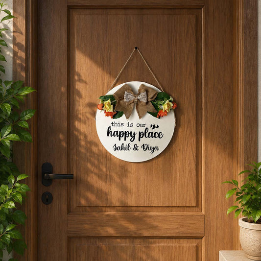 Personalised This Is Our Happy Place Hand-Painted Wooden Door Hanger - White