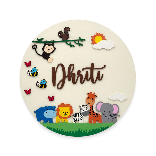 Animal Themed Hand-Painted Wooden Round Kids Name Plate - Design 4