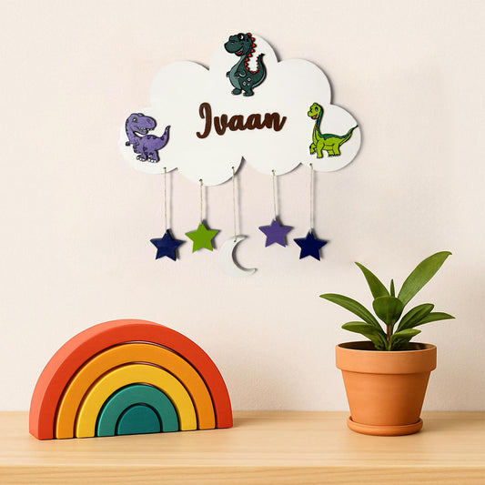 Cloud & Dinosaur Themed Hand-Painted Wooden Kids Name Plate