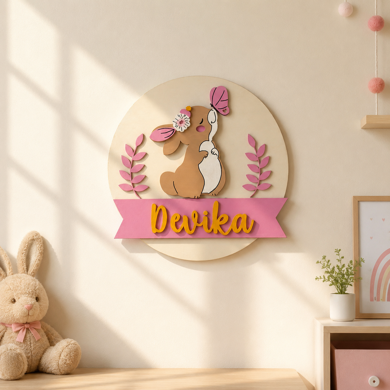 Rabbit Themed Hand-Painted Wooden Round Kids Name Plate - Design 1