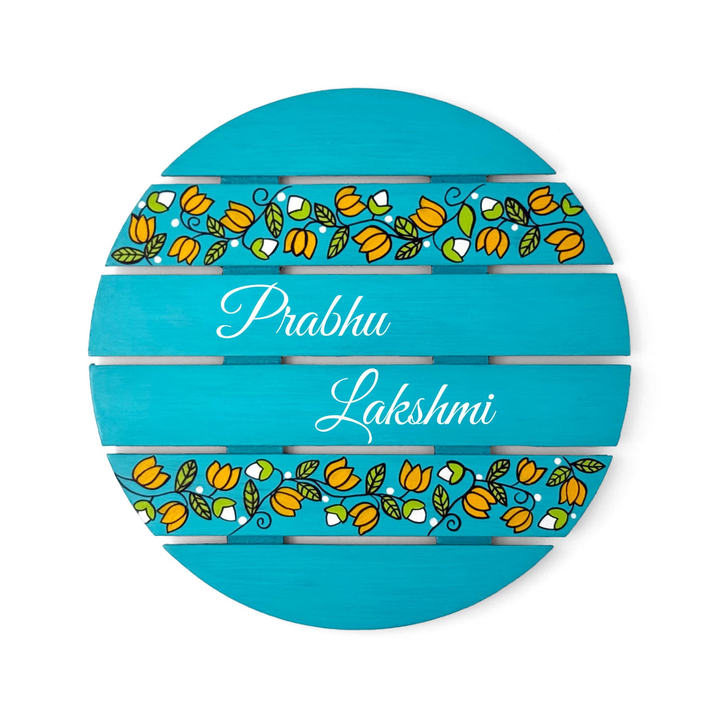 Lotus Creeper Artwork Hand-Painted Wooden Madhubani Round Name Plate For Home
