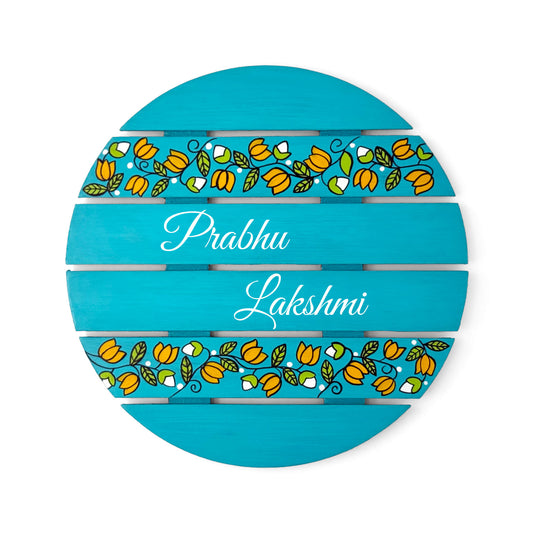 Lotus Creeper Artwork Hand-Painted Wooden Madhubani Round Name Plate For Home