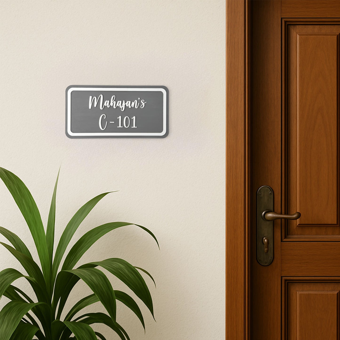 Rectangular Hand-Painted Wooden Name Plate For Home - Grey