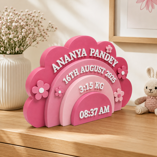 Flower Themed Hand-Painted Wooden Personalised Baby Birth Details Name Plate