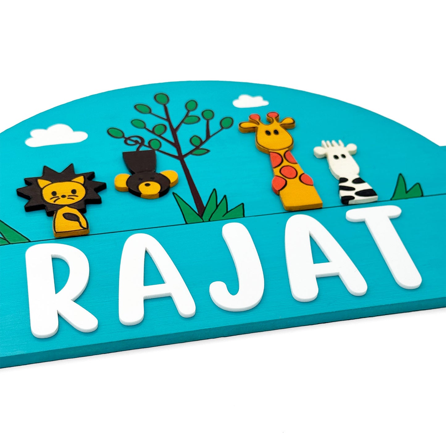 Animal Themed Hand-Painted Wooden Kids Name Plate - Blue