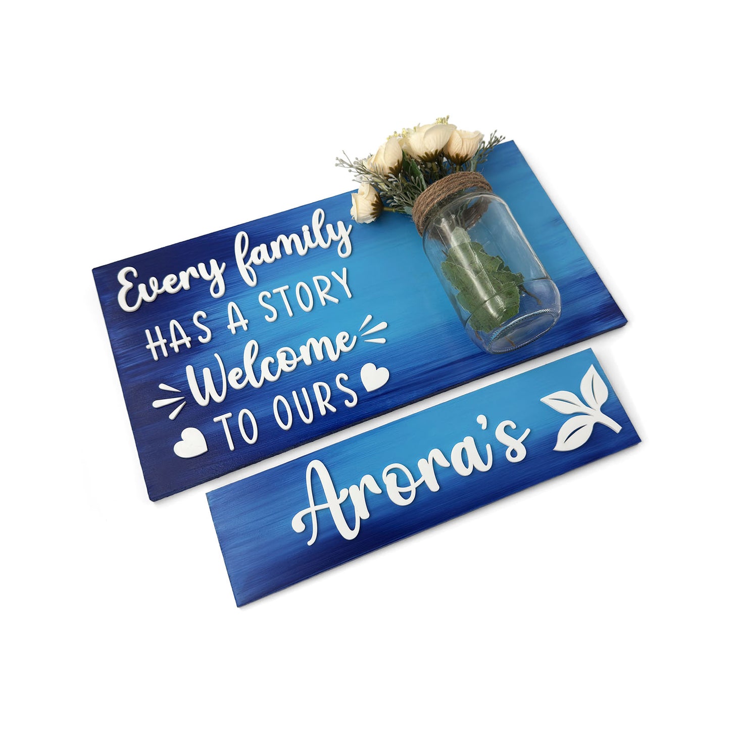 Every Family Has A Story Welcome To Ours Hand-Painted Wooden Name Plate With Jar For Home - Jar Board & One Plank