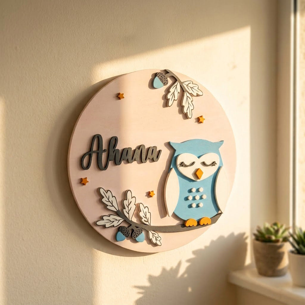 Owl Themed Hand-Painted Wooden Round Kids Name Plate