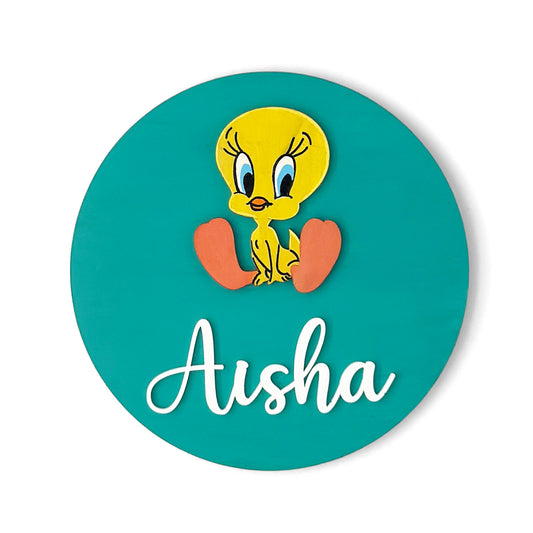Tweety Themed Hand-Painted Wooden Name Plate For Kids