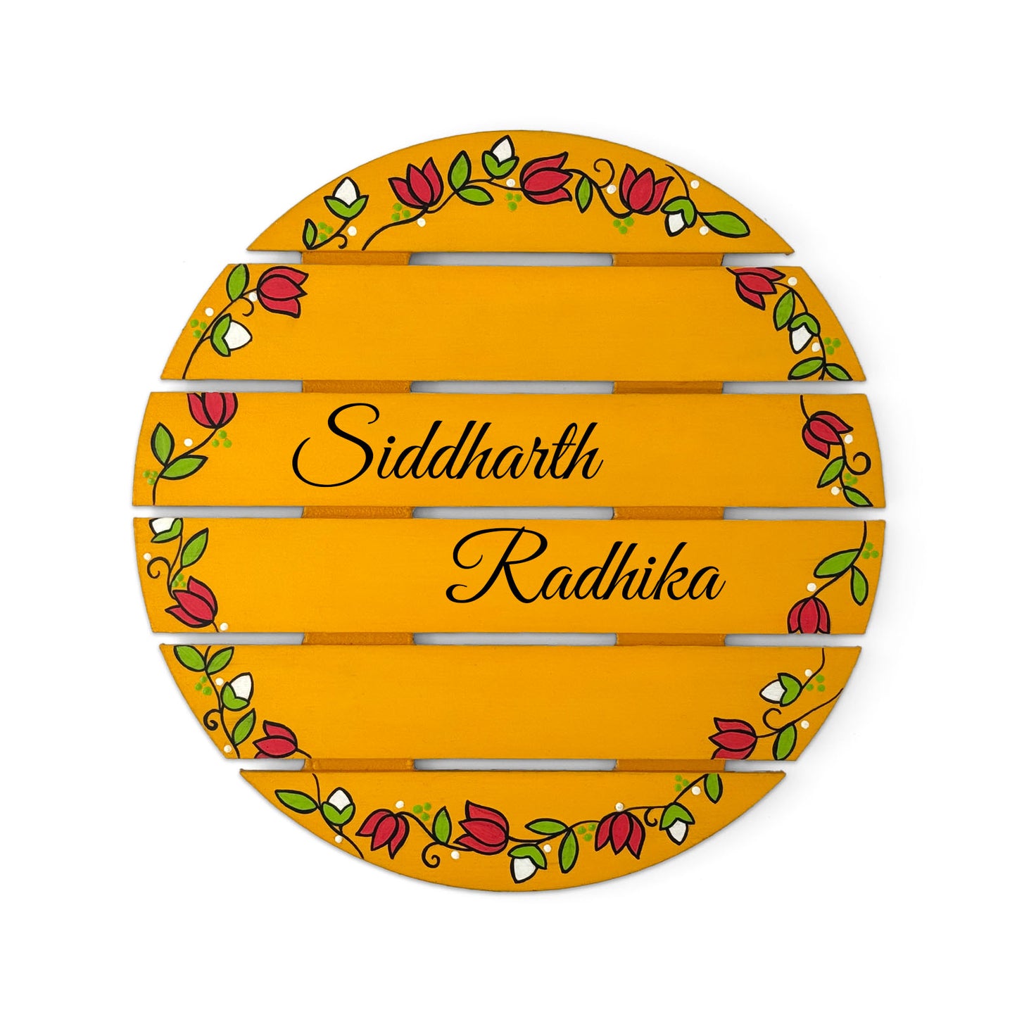 Lotus Bud Artwork Hand-Painted Wooden Madhubani Round Name Plate For Home