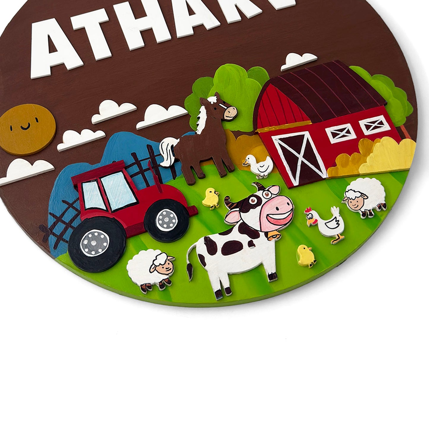 Farm Animals Themed Hand-Painted Wooden Round Kids Name Plate - Design 1