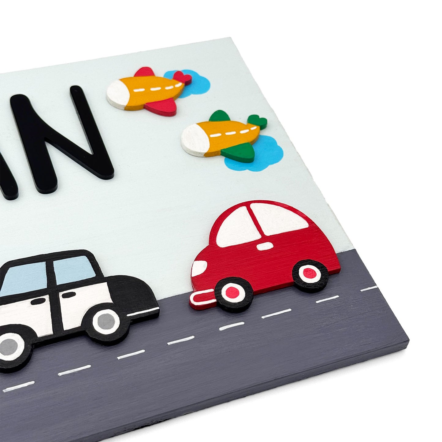 Vehicles Themed Hand-Painted Wooden Kids Name Plate - Light Blue
