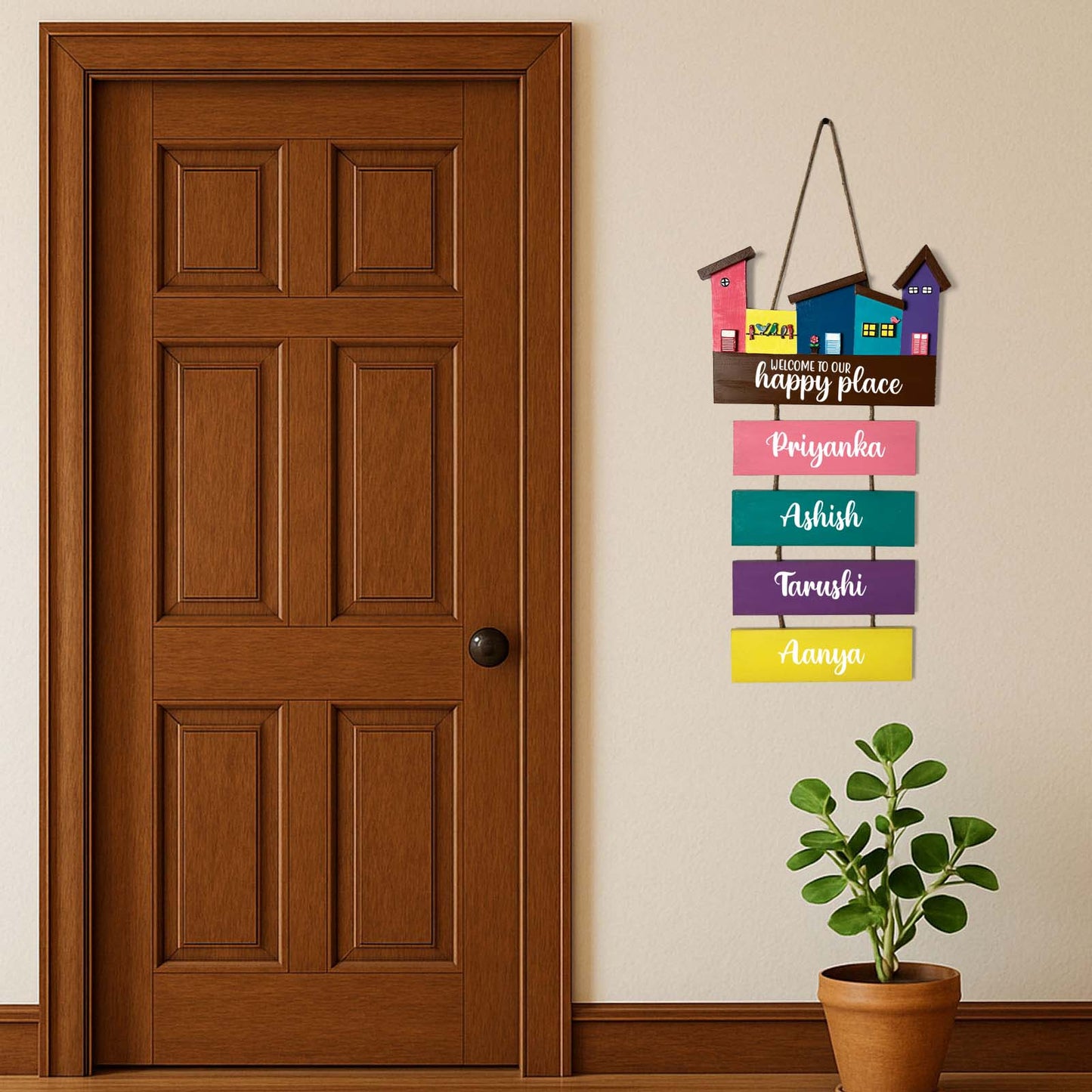 Hut-Shaped Hand-Painted Wooden Name Plate For Home - Hut Board & Four Planks Design 6