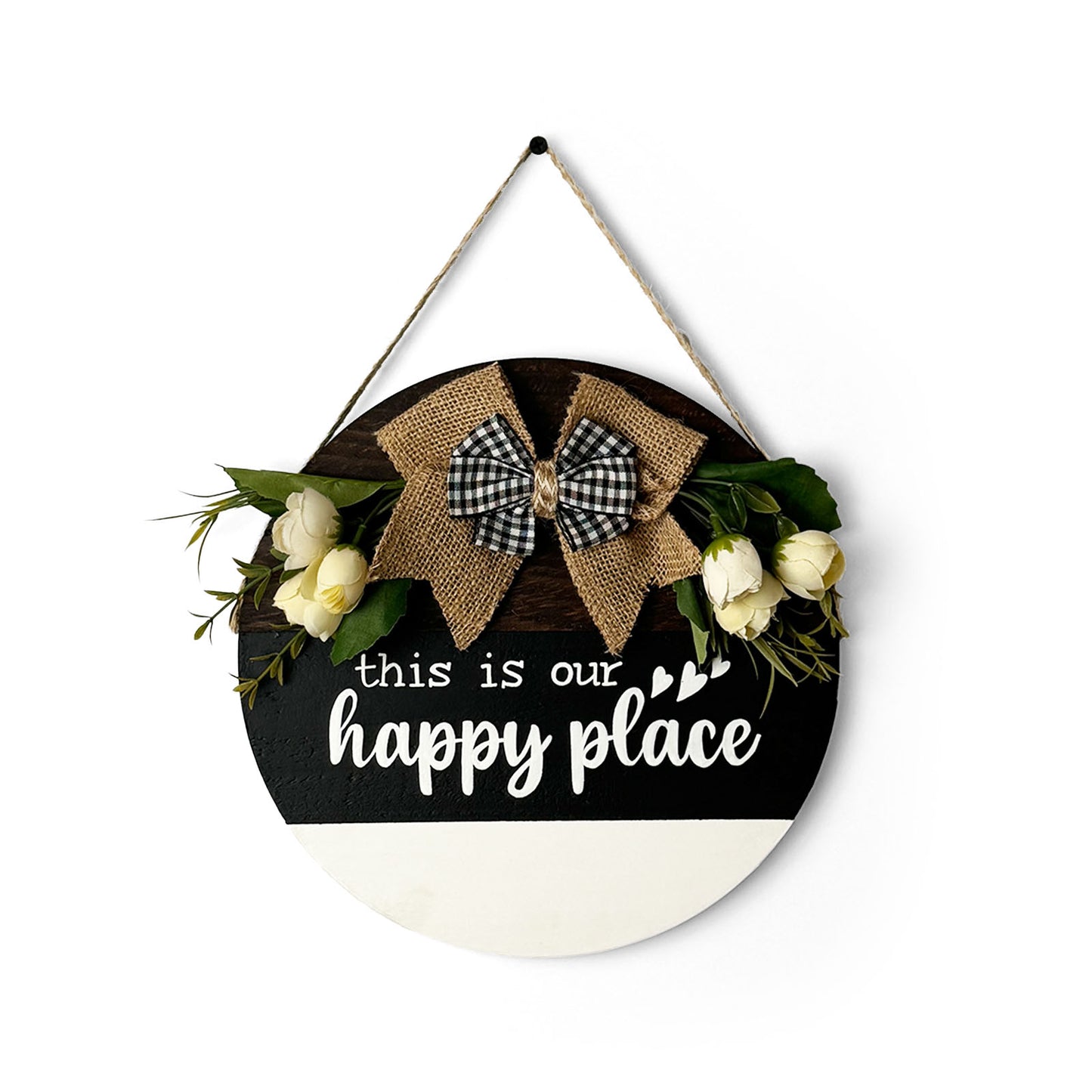 This Is Our Happy Place Hand-Painted Wooden Door Hanger - Black, White, & Wooden Finish