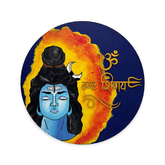 Om Namah Shivaya Hand-Painted Wooden Round Wall Hanging With Shiv Ji Image - Blue