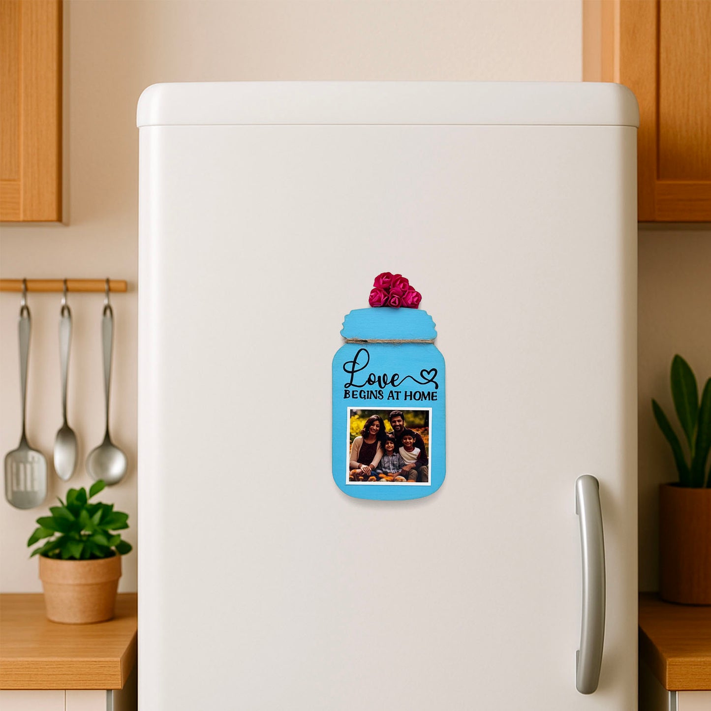 Love Begins At Home Hand-Painted Wooden Jar Fridge Magnet With Photo - Dark Blue