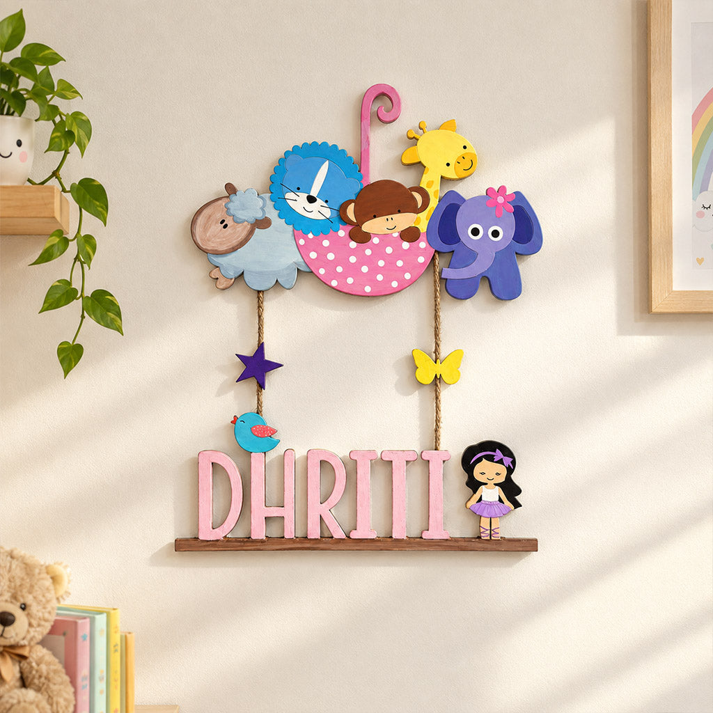 Animal Themed Hand-Painted Wooden Kids Name Plate - Design 5