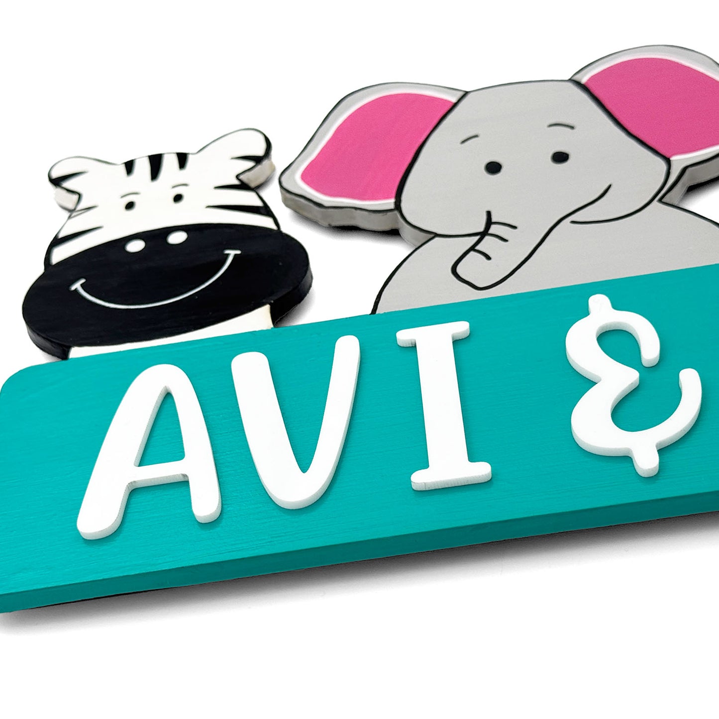 Animal Themed Hand-Painted Wooden Kids Name Plate - Teal