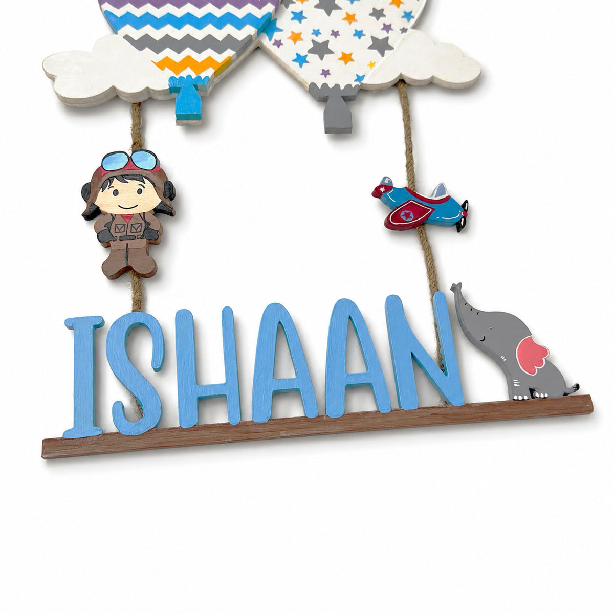 Hot Air Balloon Themed Hand-Painted Wooden Kids Name Plate - Design 3