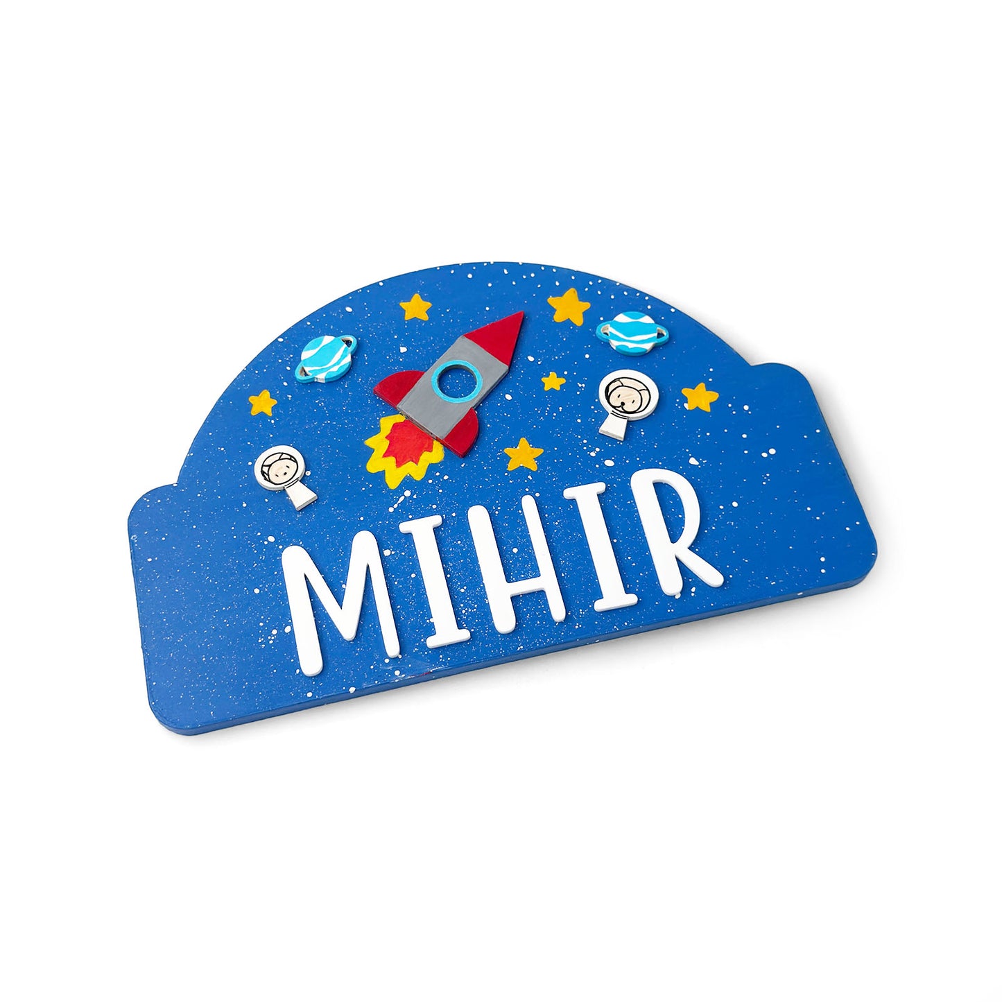 Space Themed Hand-Painted Wooden Arch-Shaped Kids Name Plate - Design 2