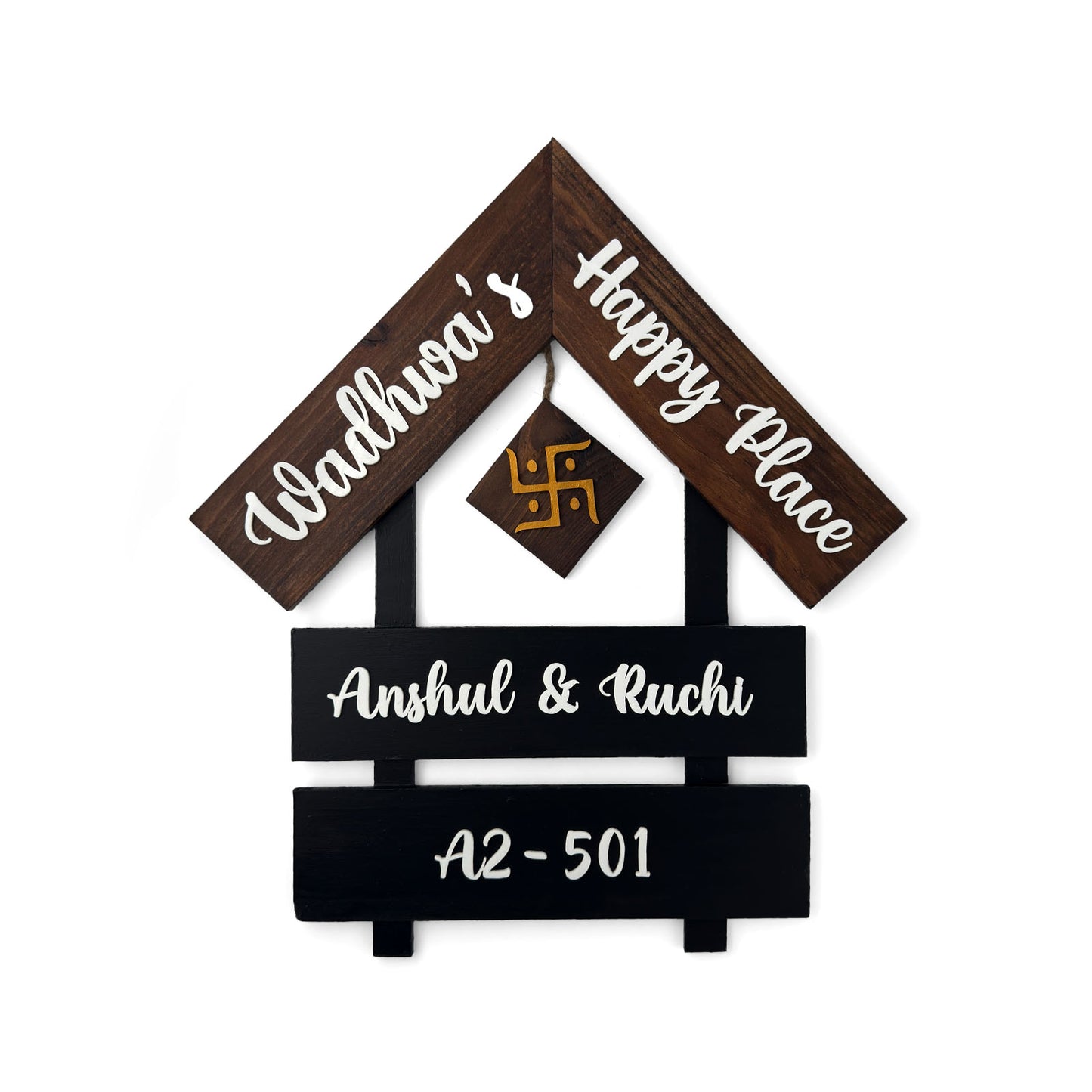 House With Roof And Double Plank Hand-Painted Wooden Hut-Shaped Name Plate For Home - Black & Wooden Finish