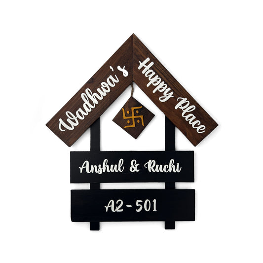 House With Roof And Double Plank Hand-Painted Wooden Hut-Shaped Name Plate For Home - Black & Wooden Finish