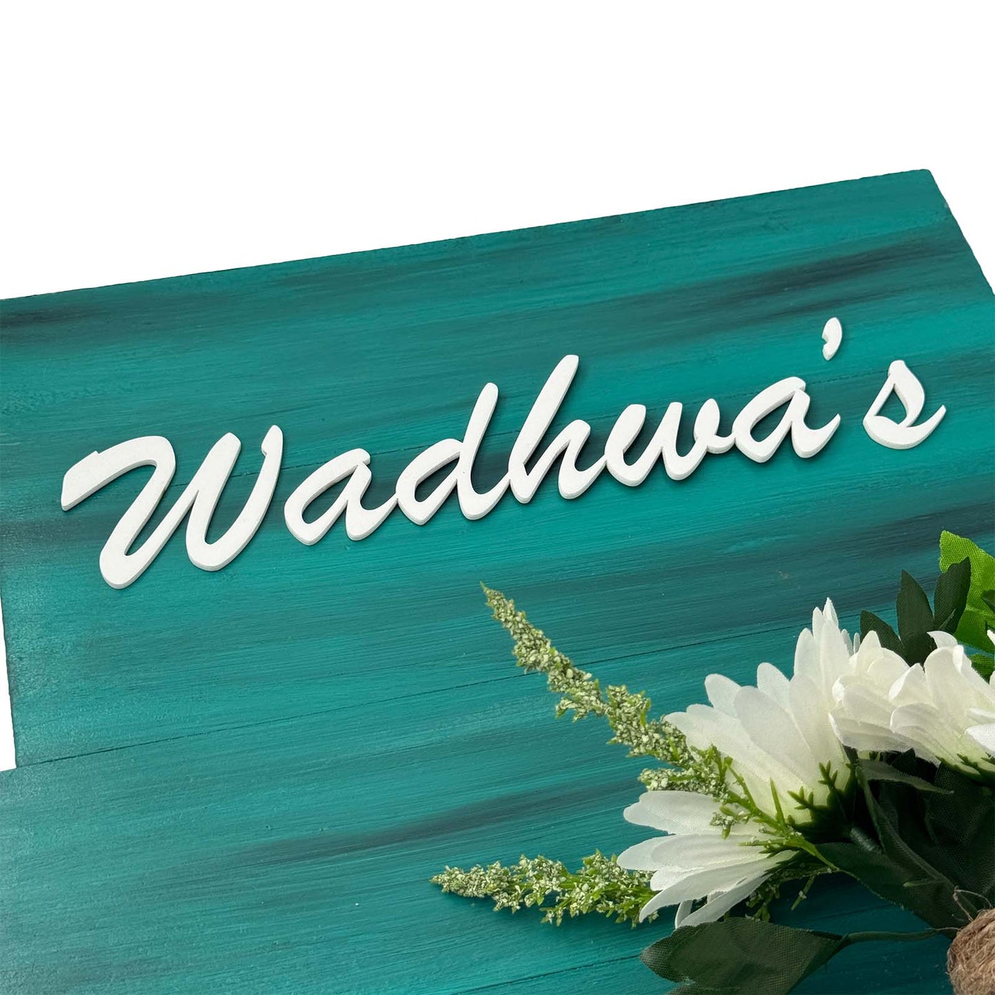 Teal Hand-Painted Wooden Name Plate With Jar For Home - Design 1