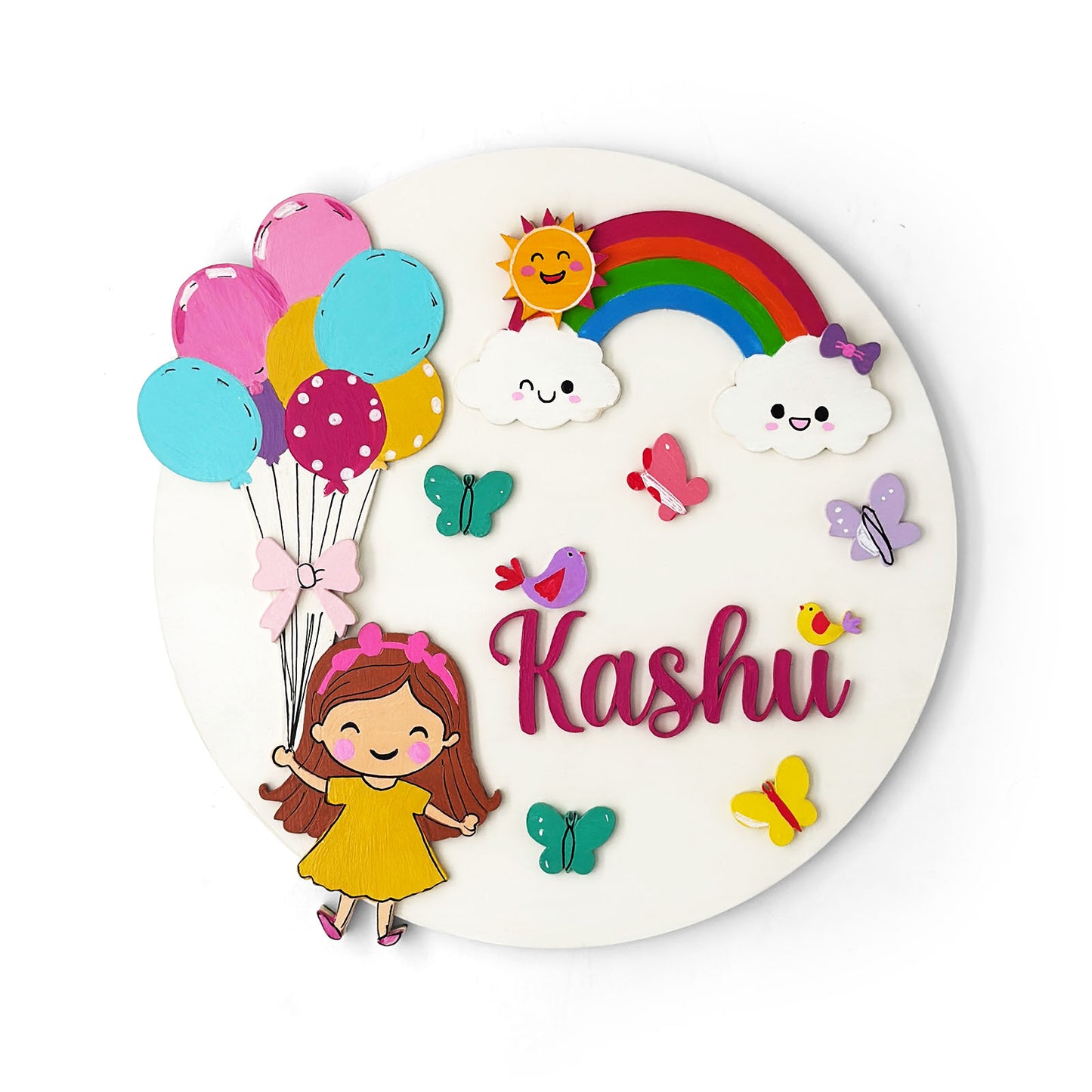 Girl With Balloons Themed Hand-Painted Wooden Round Kids Name Plate