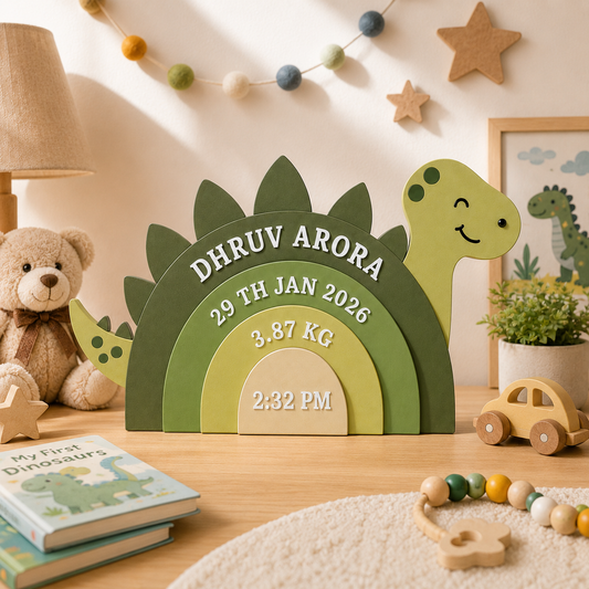 Dinosaur Themed Hand-Painted Wooden Personalised Baby Birth Details Name Plate