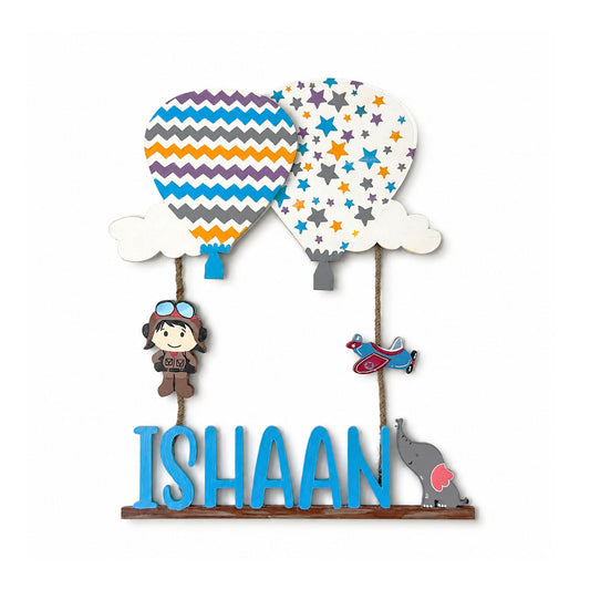 Hot Air Balloon Themed Hand-Painted Wooden Kids Name Plate - Design 3