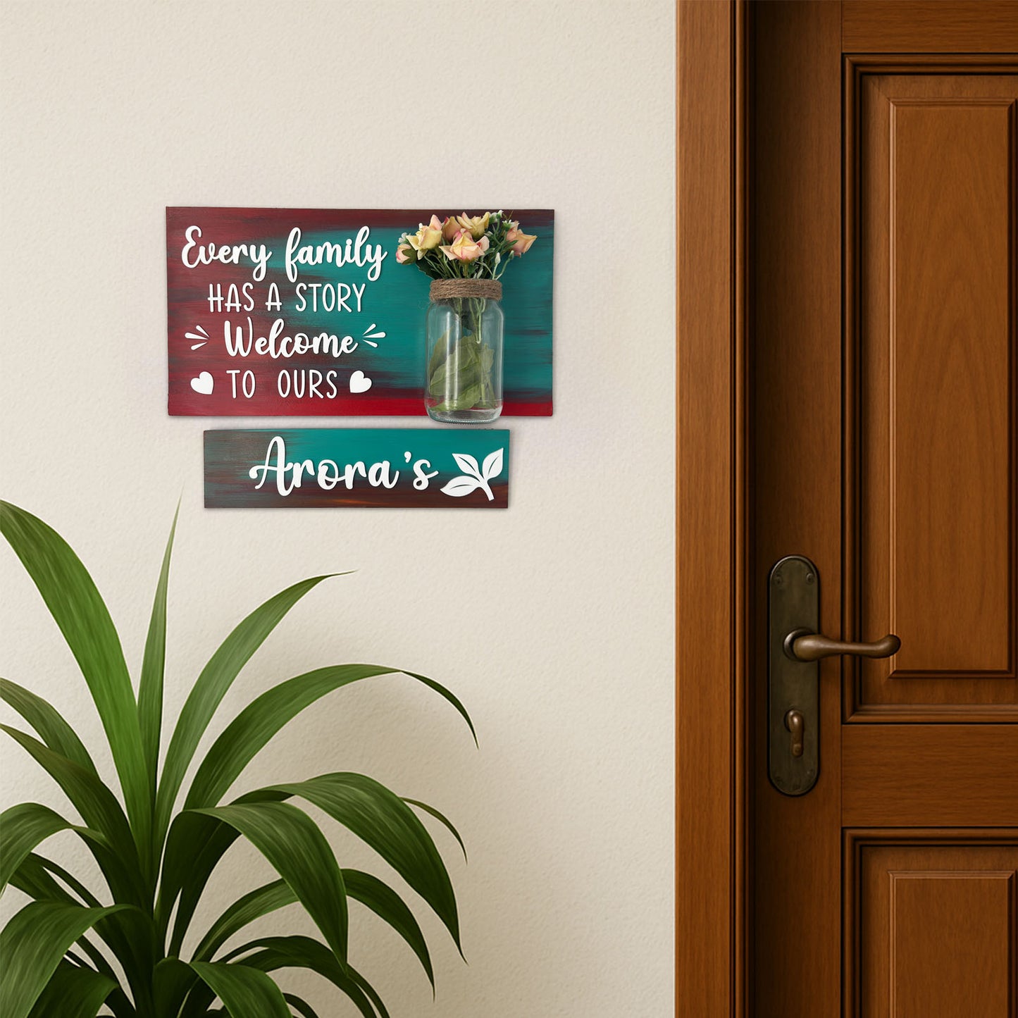 Every Family Has A Story Welcome To Ours Hand-Painted Wooden Name Plate With Jar For Home - Jar Board & One Plank