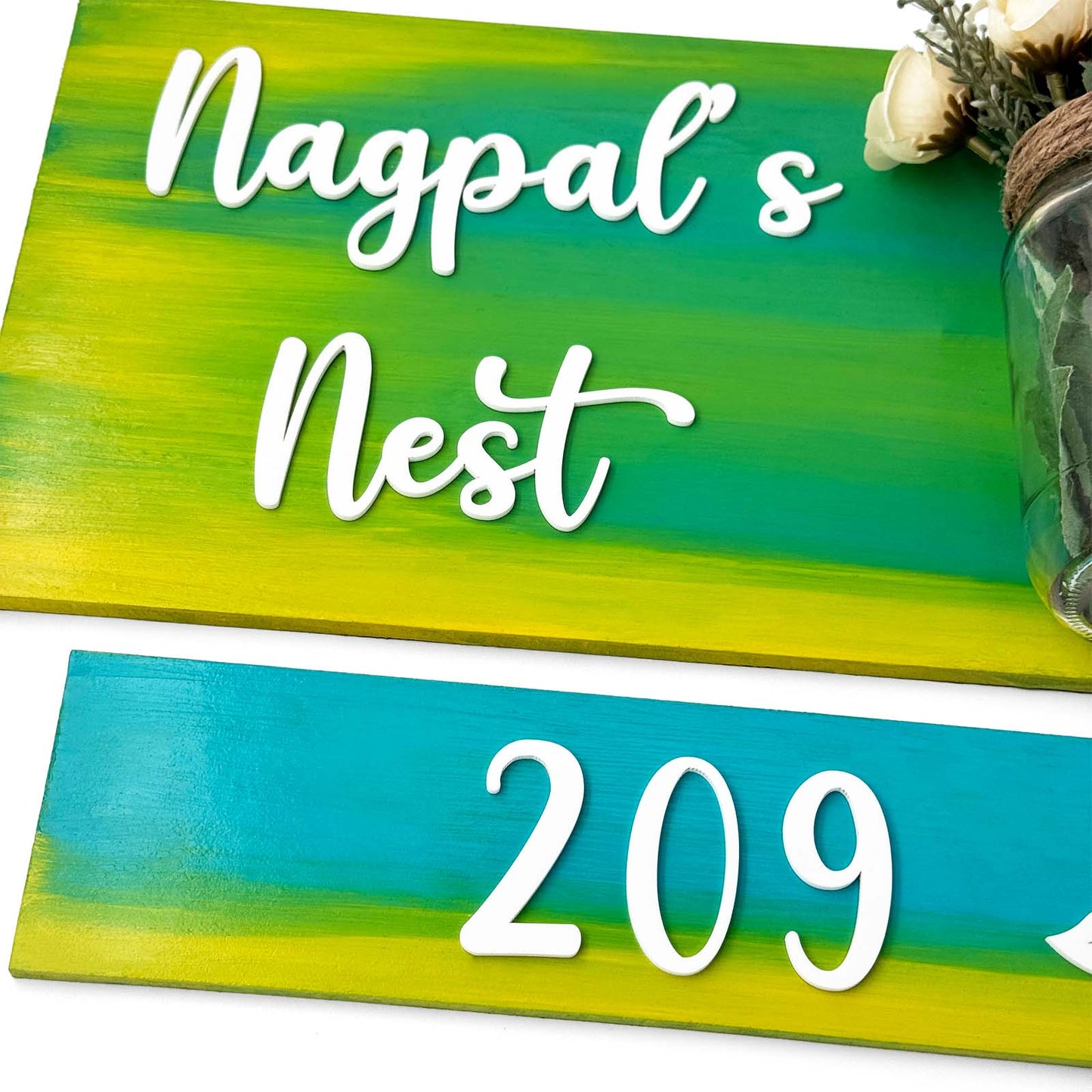 Hand-Painted Wooden Name Plate With Jar For Home - Jar Board & One Plank