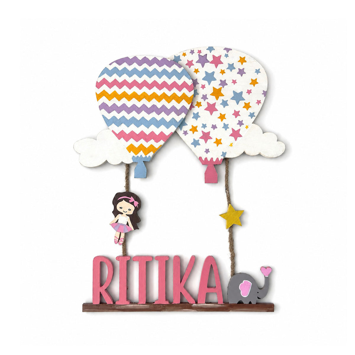 Hot Air Balloon Themed Hand-Painted Wooden Kids Name Plate - Design 2