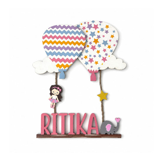 Hot Air Balloon Themed Hand-Painted Wooden Kids Name Plate - Design 2