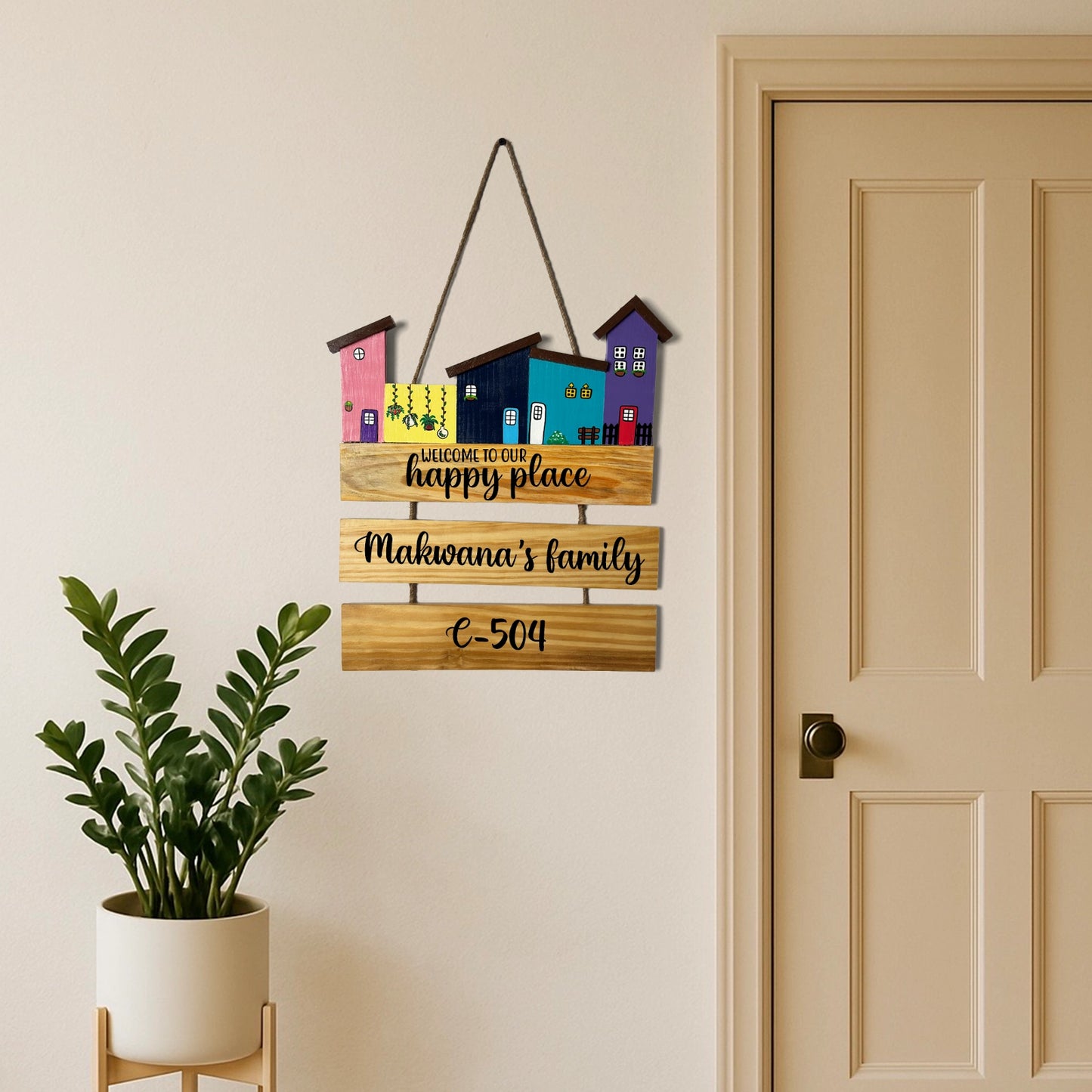 Hut-Shaped Hand-Painted Wooden Name Plate For Home - Hut Board & Two Planks Design 5