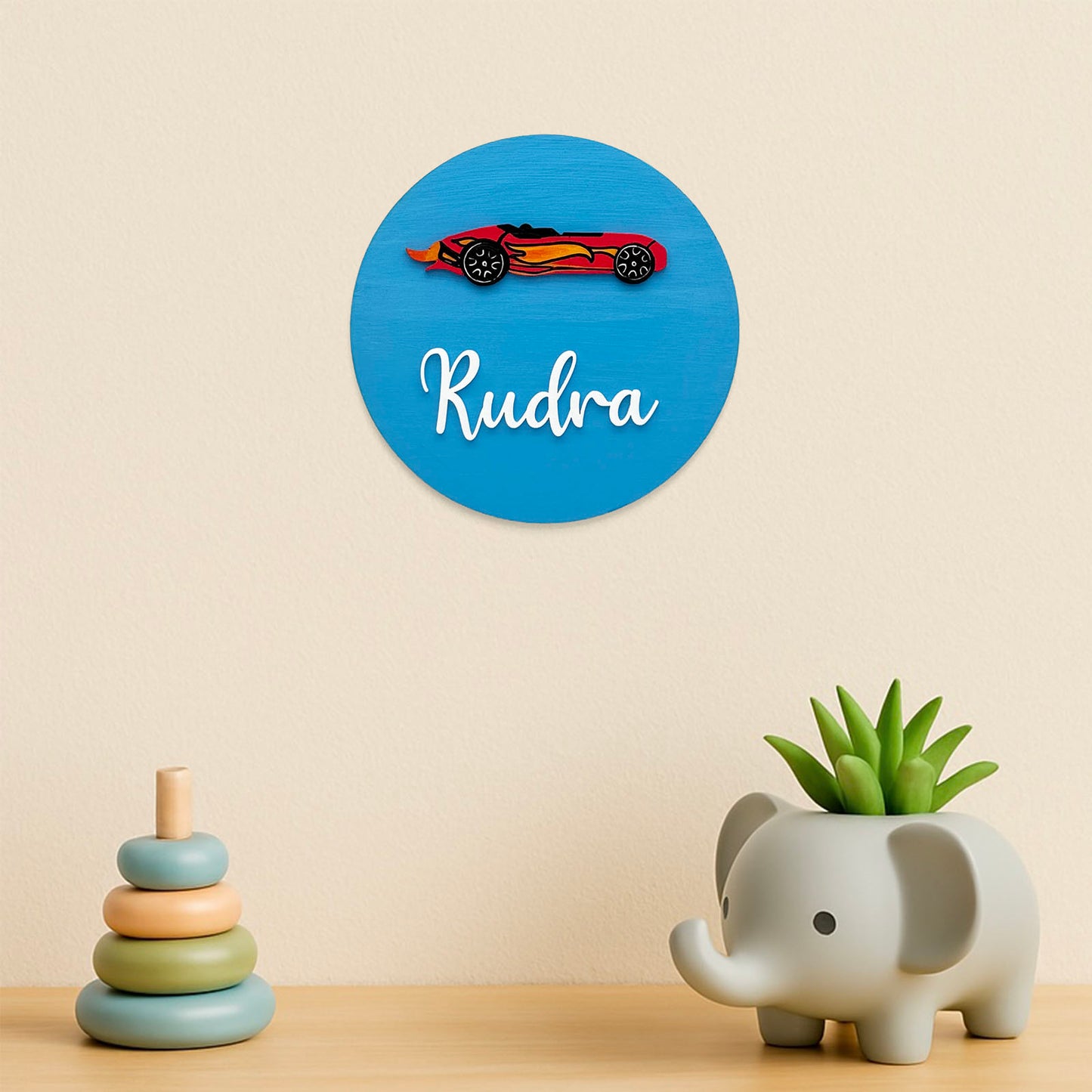 Hot Wheels Car Themed Hand-Painted Wooden Mini Kids Name Plate