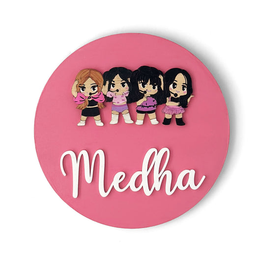 Black Pink Themed Hand-Painted Wooden Name Plate For Kids