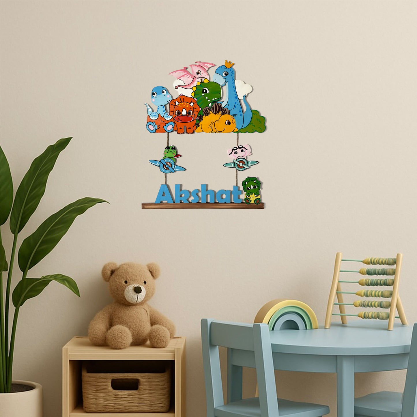 Dinosaur Themed Hand-Painted Wooden Kids Name Plate