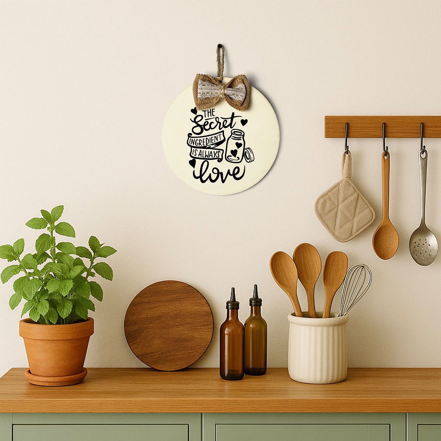 The Secret Ingredient Is Always Love Hand-Painted Wooden Round Kitchen Wall Hanging - Beige
