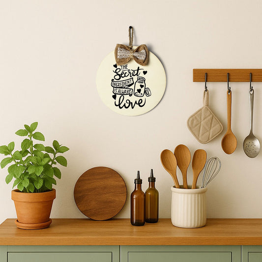 The Secret Ingredient Is Always Love Hand-Painted Wooden Round Kitchen Wall Hanging - Beige