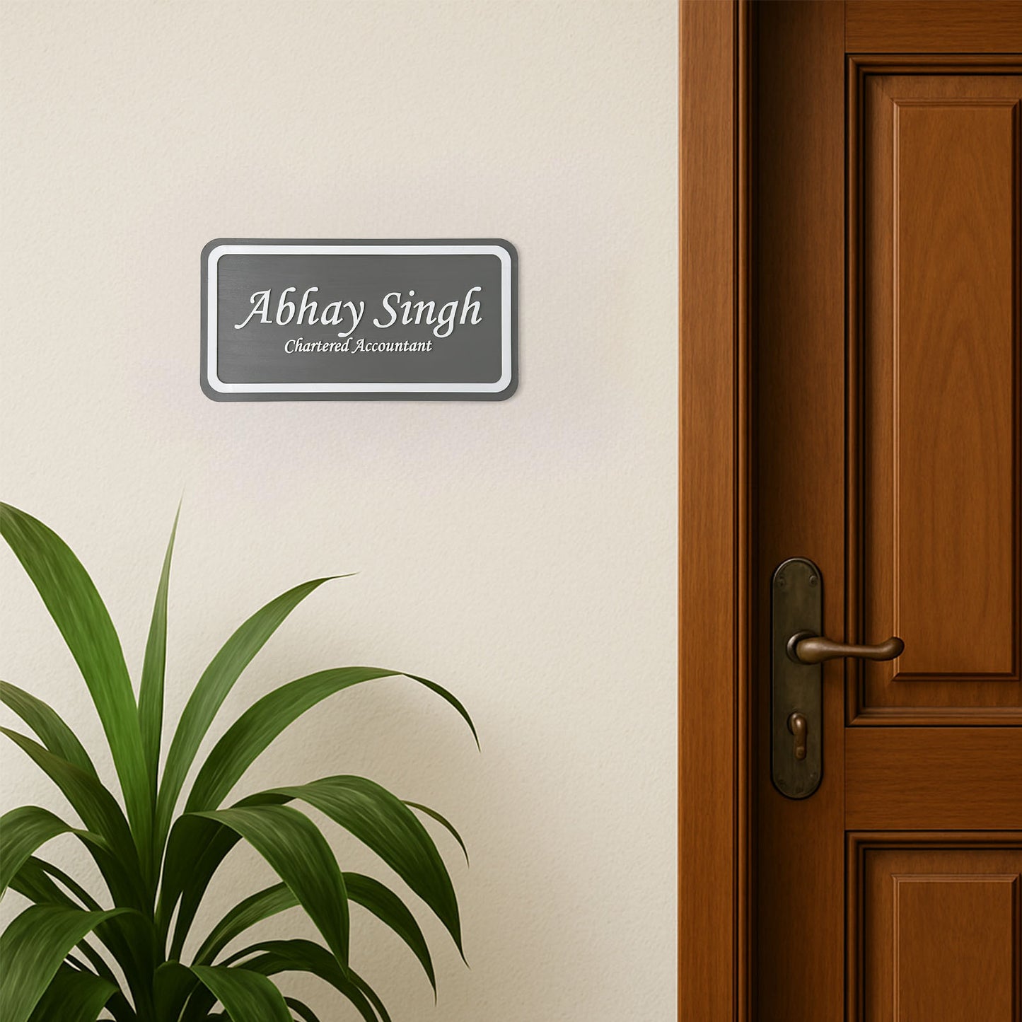 Rectangular Hand-Painted Wooden Name Plate For Professionals - Grey