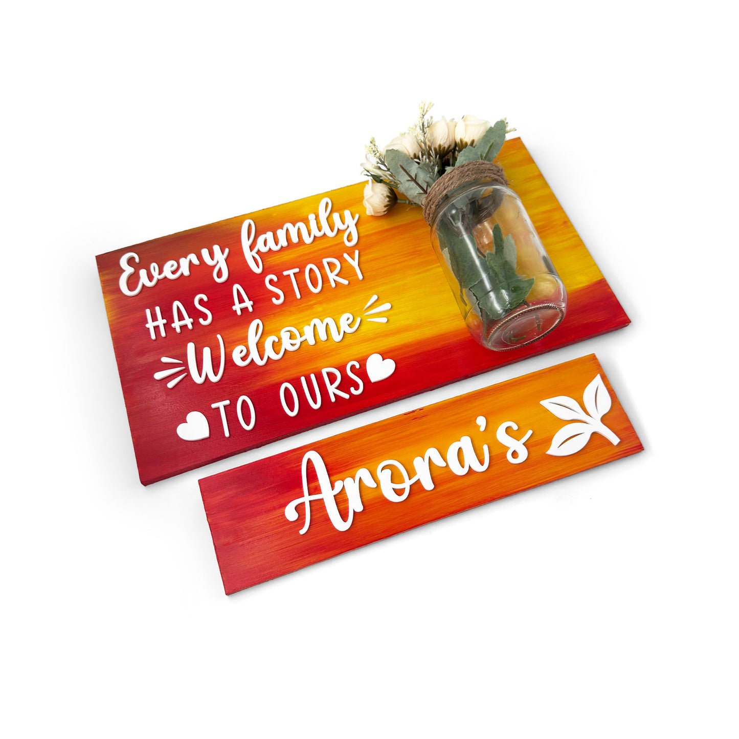 Every Family Has A Story Welcome To Ours Hand-Painted Wooden Name Plate With Jar For Home - Jar Board & One Plank