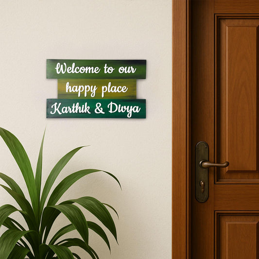 Hand-Painted Wooden Three Plank Name Plate For Home - Green