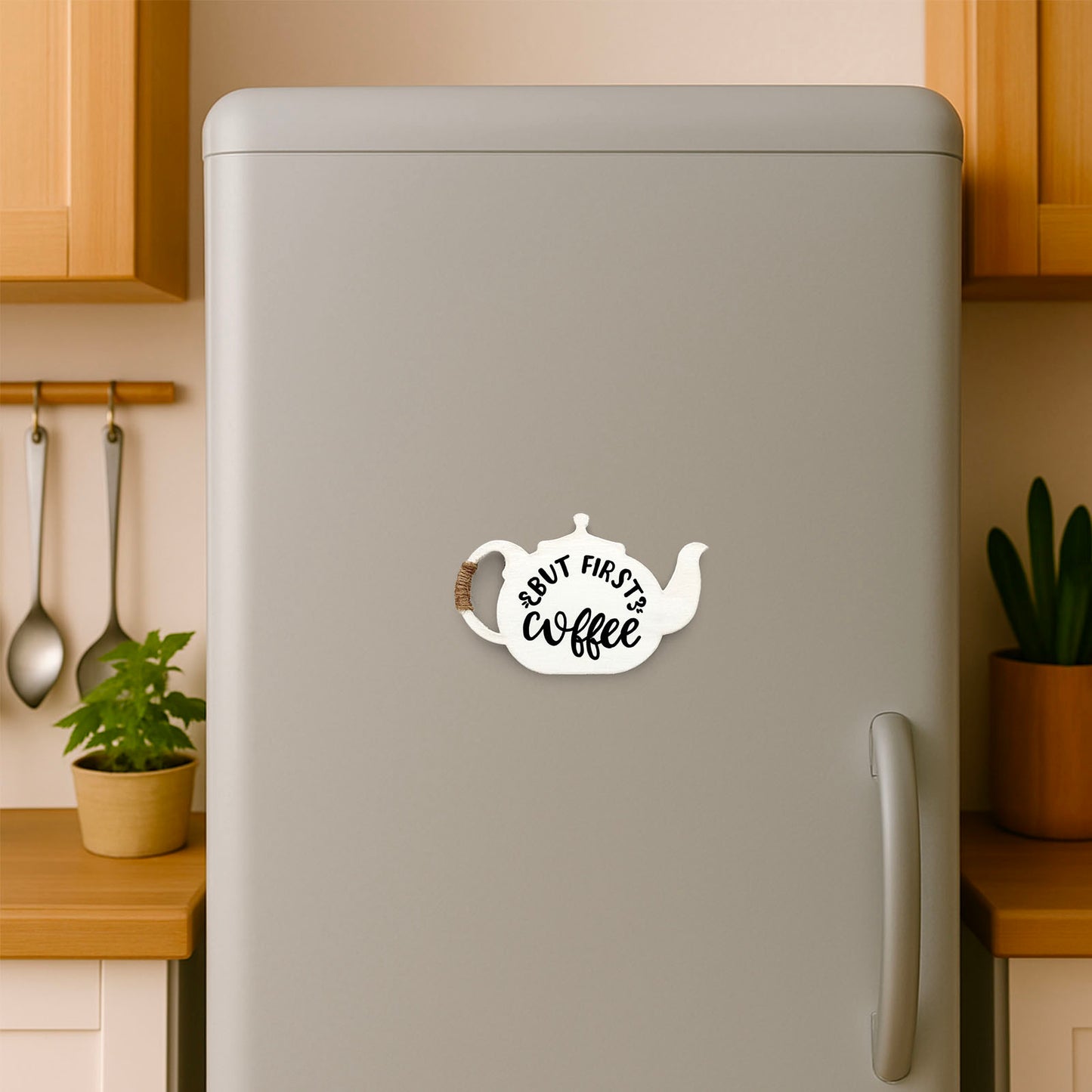 But First Coffee Hand-Painted Wooden Kettle Fridge Magnet - White