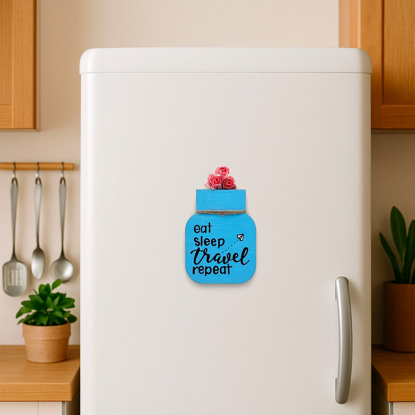 Eat Sleep Travel Repeat Hand-Painted Wooden Mason Jar Fridge Magnet - Light Blue