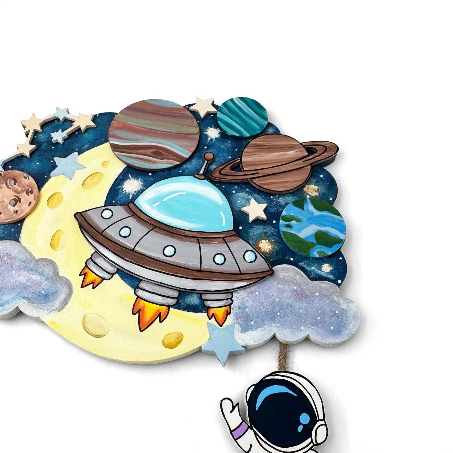 Space Themed Hand-Painted Wooden Kids Name Plate - Design 2