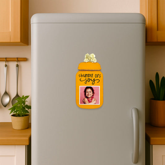 Our Little Bundle Of Joy Hand-Painted Wooden Jar Fridge Magnet With Photo - Yellow